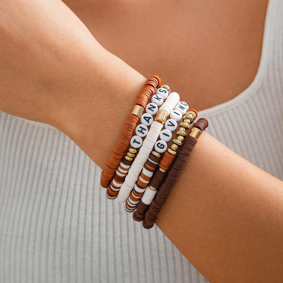 Wholesale Thanksgiving Maple Leaf Acrylic Clay Beaded Bracelet Set